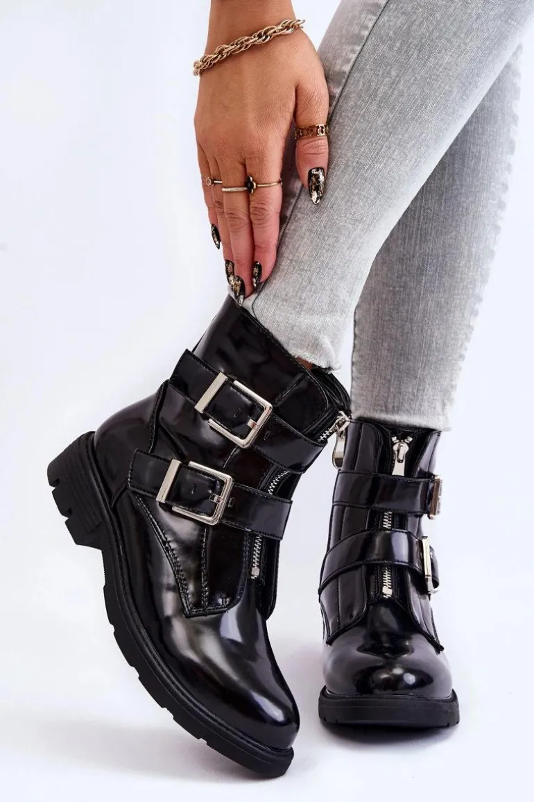 Damskie Ocieplane Botki Na Płaskim Obcasie Z Suwakiem Czarne Joshie