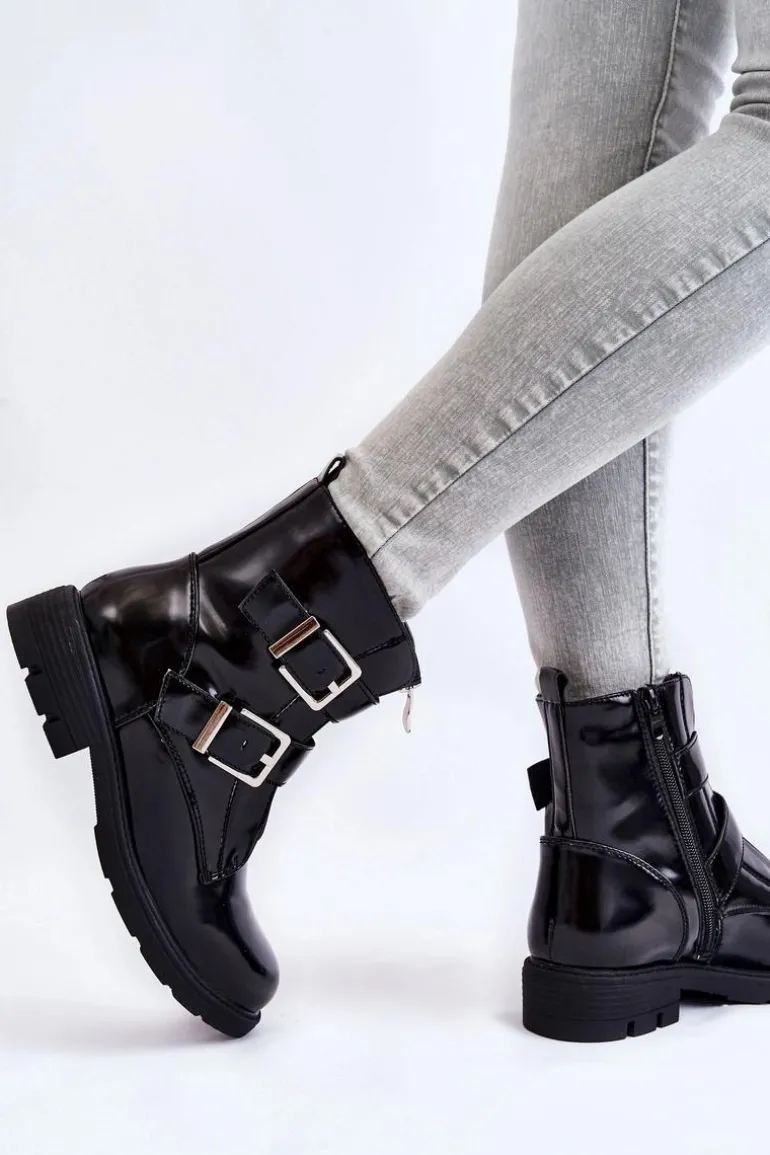 Damskie Ocieplane Botki Na Płaskim Obcasie Z Suwakiem Czarne Joshie