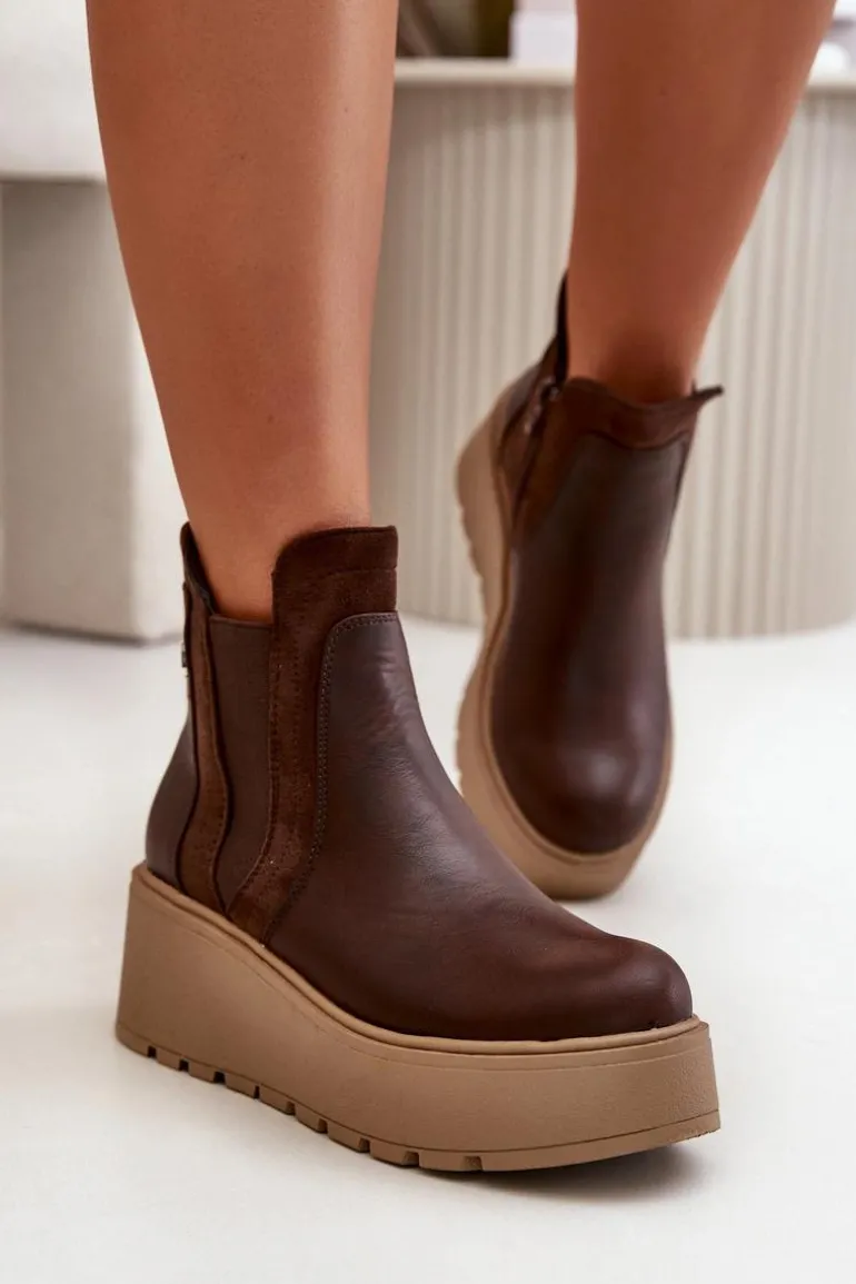 Damskie Ocieplane Botki Na Platformie I Koturnie Brązowe Mivanira