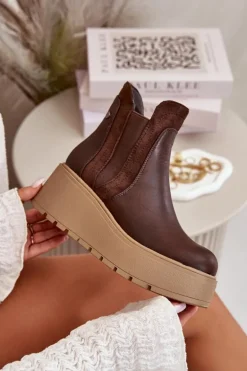 Damskie Ocieplane Botki Na Platformie I Koturnie Brązowe Mivanira