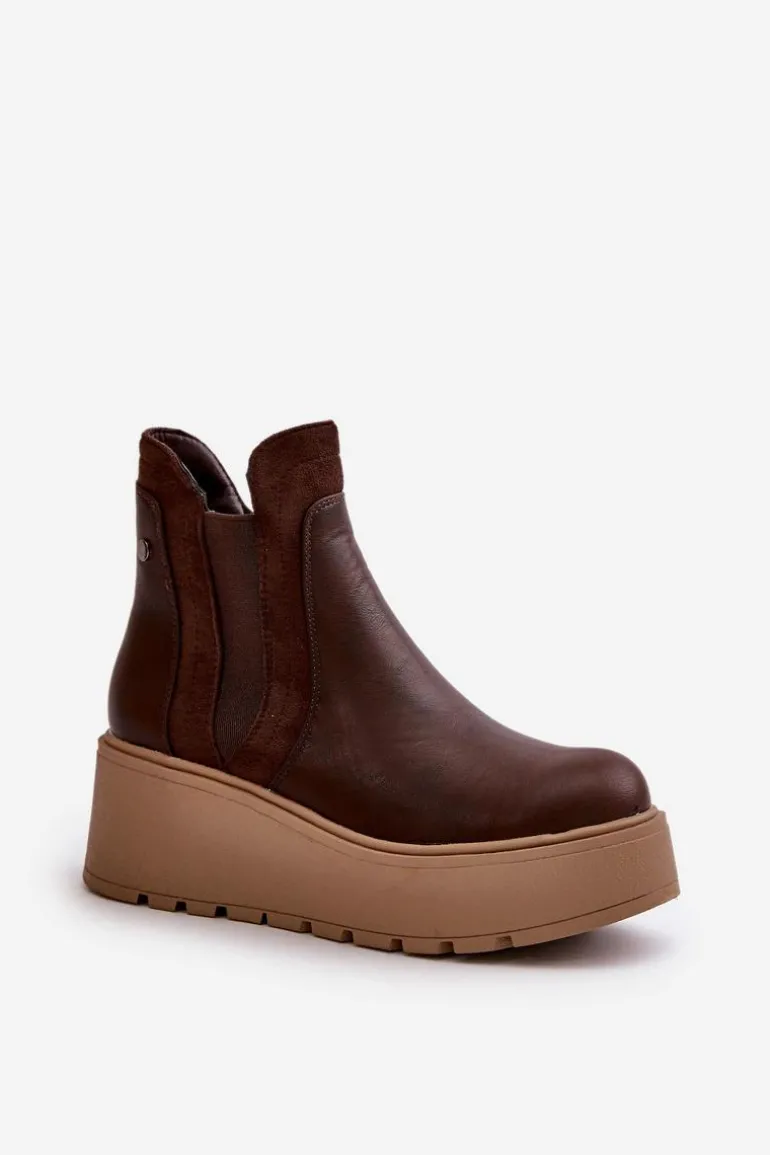 Damskie Ocieplane Botki Na Platformie I Koturnie Brązowe Mivanira