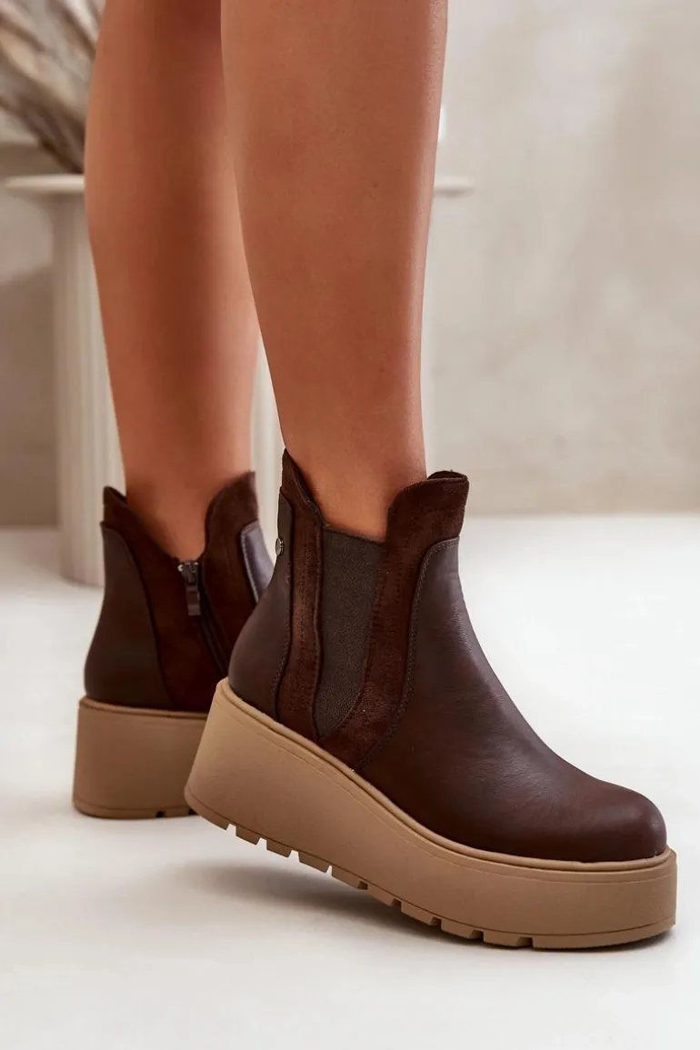 Damskie Ocieplane Botki Na Platformie I Koturnie Brązowe Mivanira