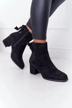 Damskie Ocieplane Botki Na Słupku Czarne Kayla