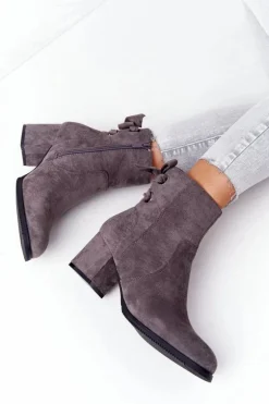 Damskie Ocieplane Botki Na Słupku Szare Kayla