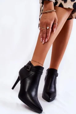 Damskie Ocieplane Botki Na Szpilce Czarne Tone