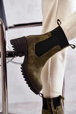 Damskie Ocieplane Botki Na Obcasie Zielone Abella