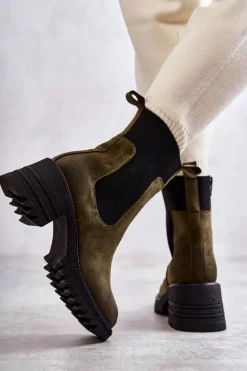 Damskie Ocieplane Botki Na Obcasie Zielone Abella