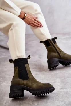 Damskie Ocieplane Botki Na Obcasie Zielone Abella