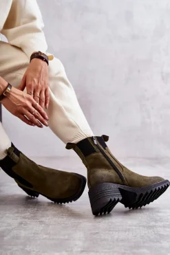 Damskie Ocieplane Botki Na Obcasie Zielone Abella