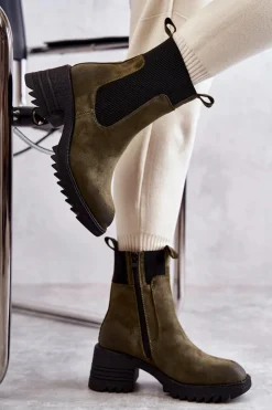 Damskie Ocieplane Botki Na Obcasie Zielone Abella