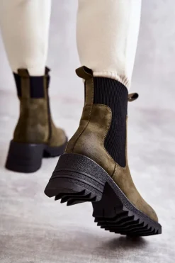 Damskie Ocieplane Botki Na Obcasie Zielone Abella