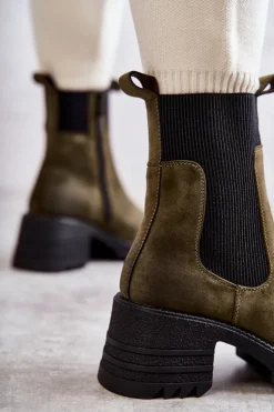 Damskie Ocieplane Botki Na Obcasie Zielone Abella