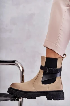 Damskie Ocieplane Botki Sztyblety Z Paskiem Beżowe Jose