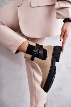 Damskie Ocieplane Botki Sztyblety Z Paskiem Beżowe Jose