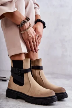 Damskie Ocieplane Botki Sztyblety Z Paskiem Beżowe Jose