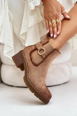 Damskie Ocieplane Botki Sztyblety Na Obcasie Ze Złotym Detalem Eko Zamszowe Jasnobrązowe Mailta