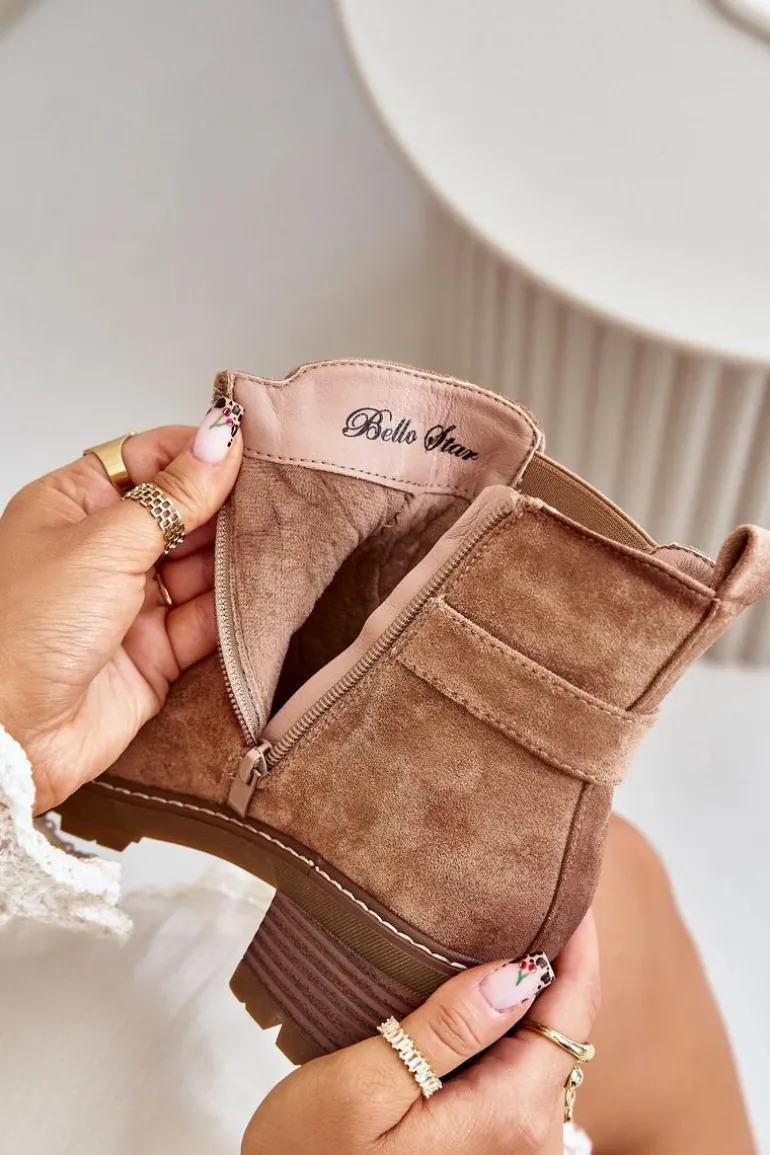 Damskie Ocieplane Botki Sztyblety Na Obcasie Ze Złotym Detalem Eko Zamszowe Jasnobrązowe Mailta