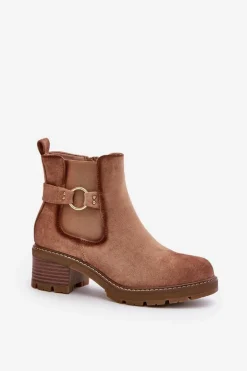 Damskie Ocieplane Botki Sztyblety Na Obcasie Ze Złotym Detalem Eko Zamszowe Jasnobrązowe Mailta