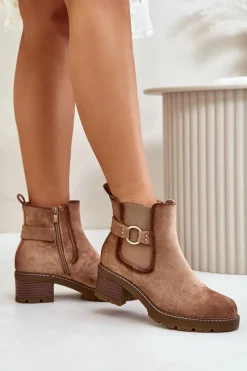 Damskie Ocieplane Botki Sztyblety Na Obcasie Ze Złotym Detalem Eko Zamszowe Jasnobrązowe Mailta
