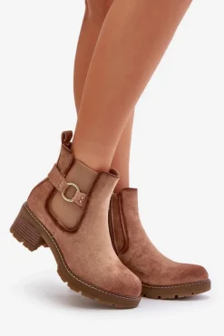 Damskie Ocieplane Botki Sztyblety Na Obcasie Ze Złotym Detalem Eko Zamszowe Jasnobrązowe Mailta