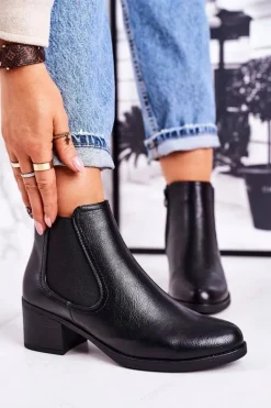 Damskie Ocieplane Botki Sztyblety Na Obcasie Czarne Forevermore