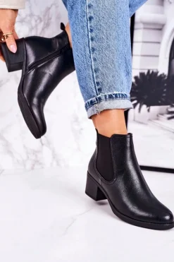 Damskie Ocieplane Botki Sztyblety Na Obcasie Czarne Forevermore