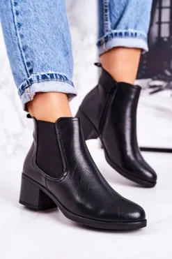 Damskie Ocieplane Botki Sztyblety Na Obcasie Czarne Forevermore