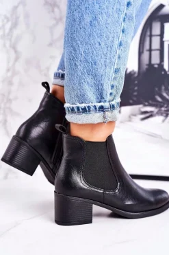 Damskie Ocieplane Botki Sztyblety Na Obcasie Czarne Forevermore