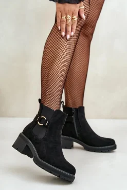 Damskie Ocieplane Botki Sztyblety Na Obcasie Ze Złotym Detalem Eko Zamszowe Czarne Mailta