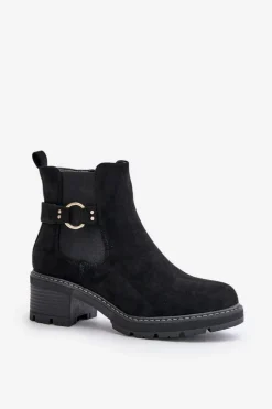 Damskie Ocieplane Botki Sztyblety Na Obcasie Ze Złotym Detalem Eko Zamszowe Czarne Mailta