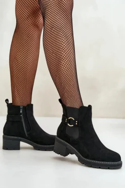 Damskie Ocieplane Botki Sztyblety Na Obcasie Ze Złotym Detalem Eko Zamszowe Czarne Mailta