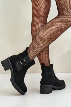 Damskie Ocieplane Botki Sztyblety Na Obcasie Ze Złotym Detalem Eko Zamszowe Czarne Mailta