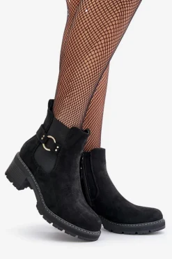 Damskie Ocieplane Botki Sztyblety Na Obcasie Ze Złotym Detalem Eko Zamszowe Czarne Mailta