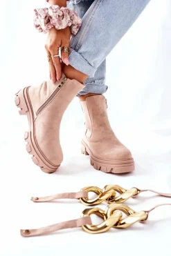 Damskie Ocieplane Botki Sztyblety Beżowe Visione