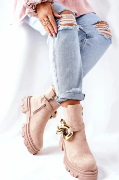 Damskie Ocieplane Botki Sztyblety Beżowe Visione