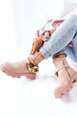 Damskie Ocieplane Botki Sztyblety Beżowe Visione