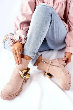 Damskie Ocieplane Botki Sztyblety Beżowe Visione