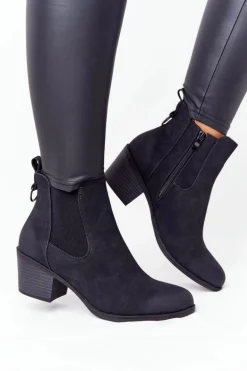 Damskie Ocieplane Botki Sztyblety Na Obcasie Czarne Trinity