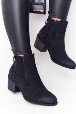 Damskie Ocieplane Botki Sztyblety Na Obcasie Czarne Trinity