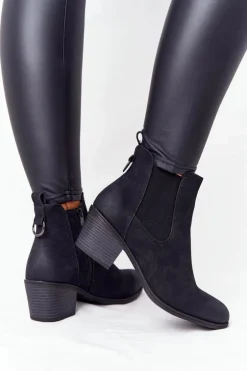 Damskie Ocieplane Botki Sztyblety Na Obcasie Czarne Trinity