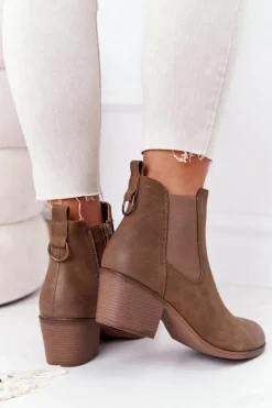 Damskie Ocieplane Botki Sztyblety Na Obcasie Khaki Trinity