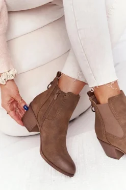 Damskie Ocieplane Botki Sztyblety Na Obcasie Khaki Trinity