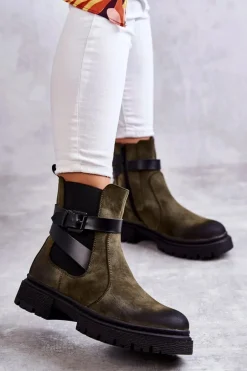 Damskie Ocieplane Botki Sztyblety Z Paskiem Zielone Jose