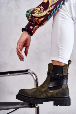 Damskie Ocieplane Botki Sztyblety Z Paskiem Zielone Jose