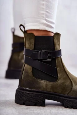 Damskie Ocieplane Botki Sztyblety Z Paskiem Zielone Jose