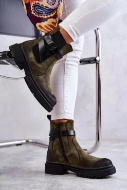 Damskie Ocieplane Botki Sztyblety Z Paskiem Zielone Jose