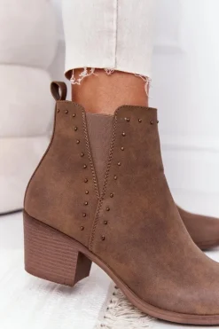 Damskie Ocieplane Botki Sztyblety Na Słupku Khaki Morgan