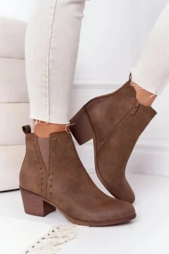 Damskie Ocieplane Botki Sztyblety Na Słupku Khaki Morgan