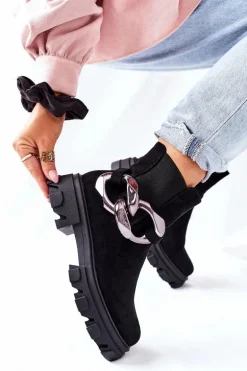 Damskie Ocieplane Botki Sztyblety Czarne Visione