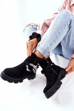 Damskie Ocieplane Botki Sztyblety Czarne Visione